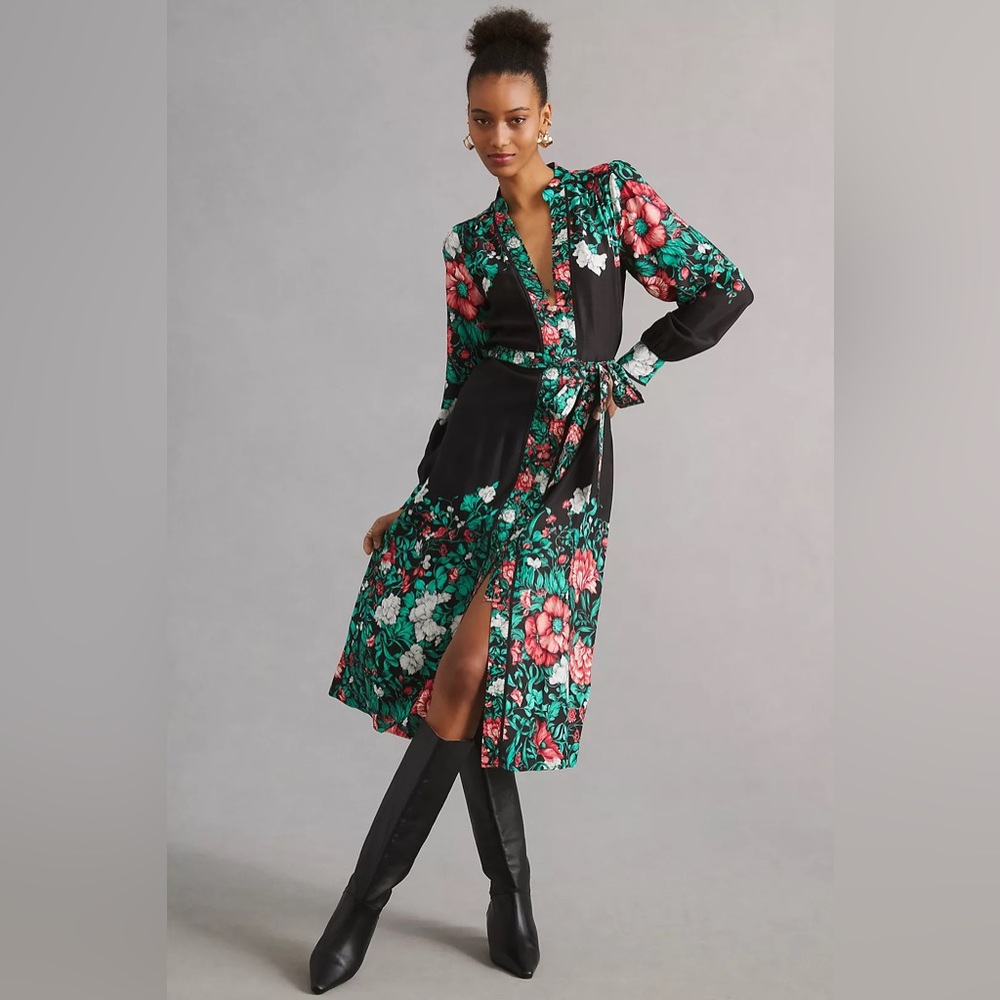 By Anthropologie Midi Shirt Dress in Black Floral Motif Belted Midi XXS